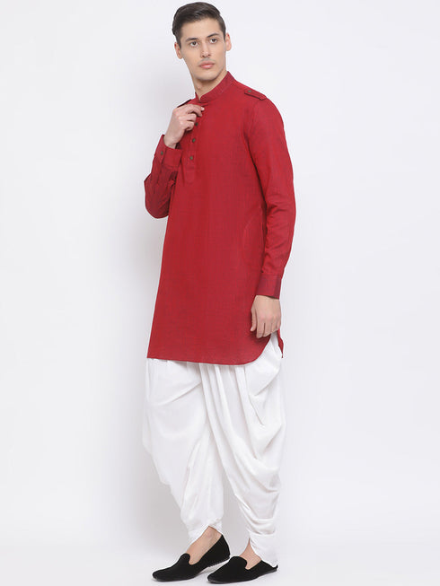 Vastramay Men's Maroon Cotton Blend Kurta and White Dhoti Set